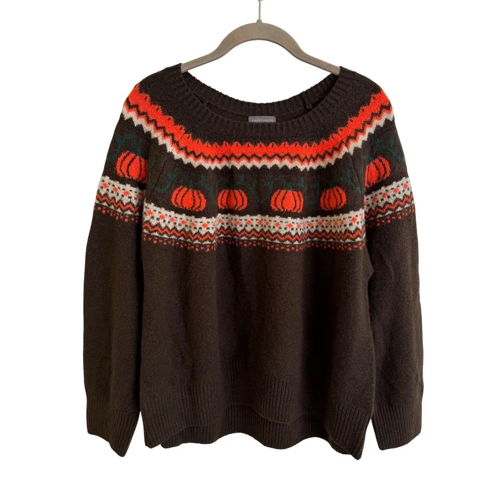 Vince‎ Camuto Brown Pumpkin Fair Isle Sweater Womens XL SV7755201 Fall Halloween